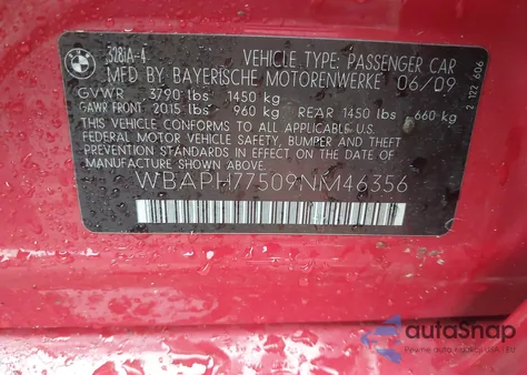 2009 BMW 328I from USA, damaged, VIN WBAPH77509NM46356